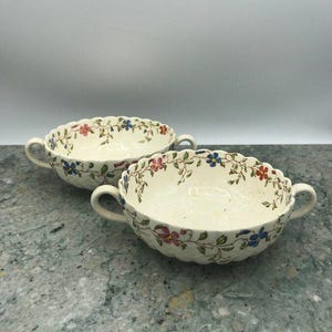 2pc Atq Copeland Spode English &quot;Wicker Dale&quot; Handled Cream Soup China Bowls