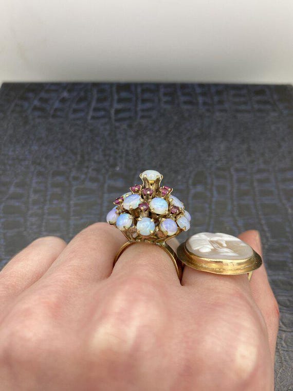 Antique 10k Gold Ruby + Opal Bombe Ring - image 7