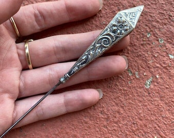 Antique Edwardian Sterling Silver Chased Prism 14.5" Hat Pin