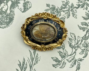 Antique Victorian c.1900 14k Gold Black Enamel Mourning hair Wheat + Seed Pearl Broach