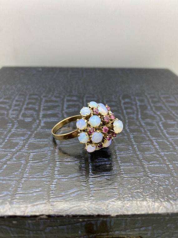 Antique 10k Gold Ruby + Opal Bombe Ring - image 1