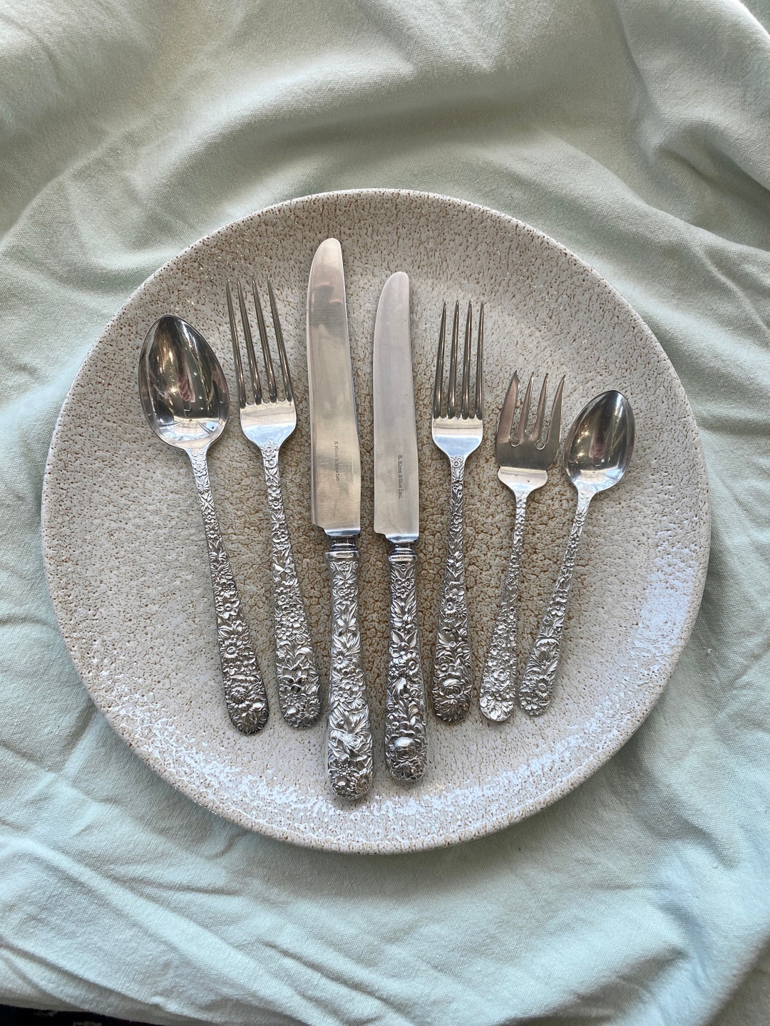 7 Piece “S. Kirk & Son” Sterling Silver Floral Reprousse Place