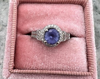 14k White Gold Tanzanite & Diamond Halo Cocktail Ring