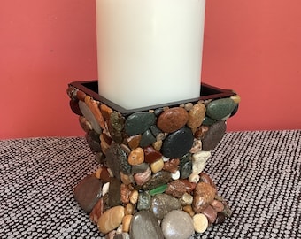 Beach Stone Candleholder, Stone Candle Holder, Rock CandleHolder, Lake Michigan Candleholder, Michigan Art, Lake House Decor, Candleholder