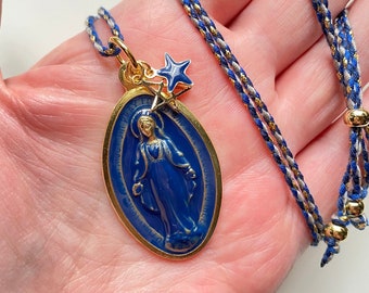 My Big Holy Mary Blue! Long necklace with large Miraculous Madonna medal, hand enamelled! Handmade in Italy!