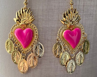 Chandelier earrings! Sacred Heart Fuchsia/Shocking Pink and Miraculous Madonnas!! Mexican Style. Holy! Hand enamelled. Handmade in Italy