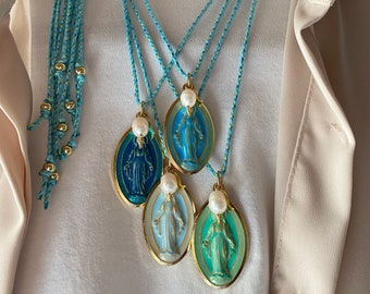 Bestseller. My Big Holy Mary! Long necklace with large Madonna medal, hand enameled! Mexican Style. Handmade in Italy! WATER