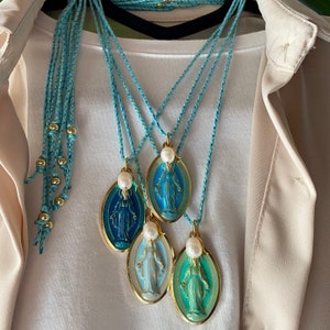 Bestseller. My Big Holy Mary! Long necklace with large Madonna medal, hand enameled! Mexican Style. Handmade in Italy! WATER