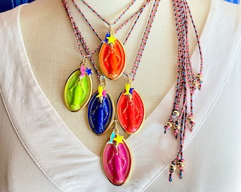 Bestseller. My Big Holy Mary! Long necklace with large Madonna medal, hand enameled! Mexican Style.Handmade in Italy! FLUO