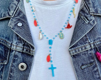 Rosarietty! Vintage rosary revisited. Miraculous Madonna, multi charms. Boho Style. Hand painted! Handmade in Italy! Sky blue