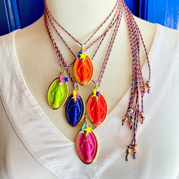 Best seller. My Big Holy Mary! Long necklace with large Madonna medal, hand enamelled! Mexican Style.Handmade in Italy! FLUO