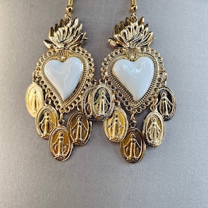 Chandelier Earrings! Sacred Heart White and Madonnas!! Mexican Style.Holy! Hand Enamelled. Handmade in Italy