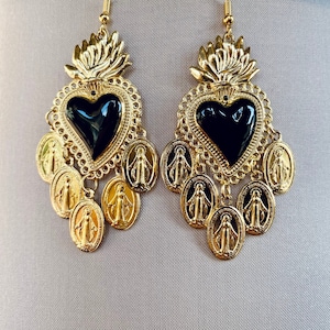 Chandelier earrings! Sacred Black Heart and Madonnas!! Mexican Style. Holy! Hand enamelled. Handmade in Italy