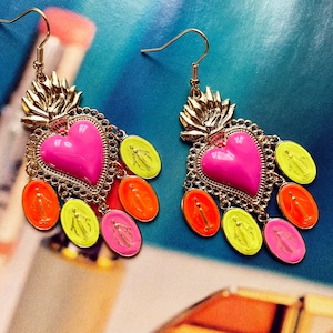 Chandelier earrings! Sacred Heart and Madonnas!! Holy! Hand enamelled.Mexican Style. Handmade in Italy