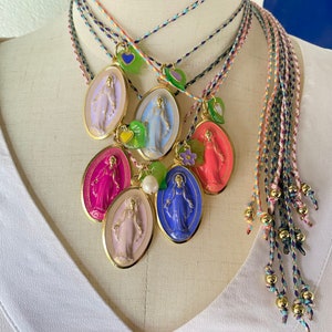 My Big Holy Mary! Les Fleurs. Long necklace with large Miraculous Madonna medal, hand enameled! Mexican Style.Handmade in Italy! Flowers