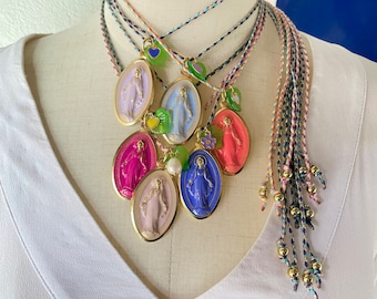 My Big Holy Mary! Les Fleurs. Long necklace with large Miraculous Madonna medal, hand enameled! Mexican Style.Handmade in Italy! Flowers