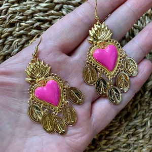 Chandelier earrings Sacred Heart Fuchsia/Shocking Pink and Miraculous Madonnas Mexican Style. Holy Hand enamelled. Handmade in Italy image 2