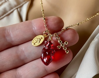 Cuore Anatomico. Collana/catena rosario con cuore rosso, croce, madonna miracolosa. Hand made in Italy