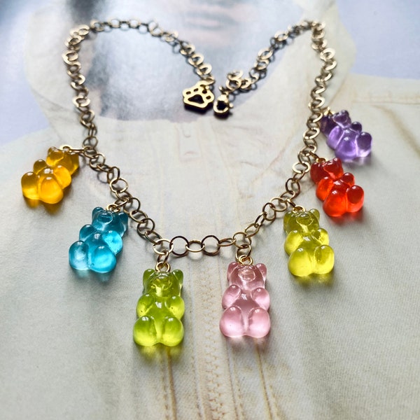 GummyBears • Collier !! Collier ours gommeux ! Chaîne ours en résine dorée !