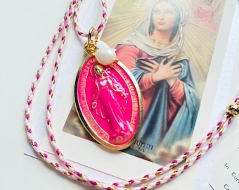 My Big Holy Mary! Deep Fuchsia. Long necklace with large Miraculous Madonna medal, hand enamelled! Mexican Style.Handmade in Italy!