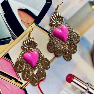 Chandelier earrings Sacred Heart Fuchsia/Shocking Pink and Miraculous Madonnas Mexican Style. Holy Hand enamelled. Handmade in Italy image 4