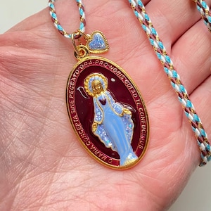 My Big Holy Mary Blue! Long necklace with large Miraculous Madonna medal, hand painted! Handmade in Italy!