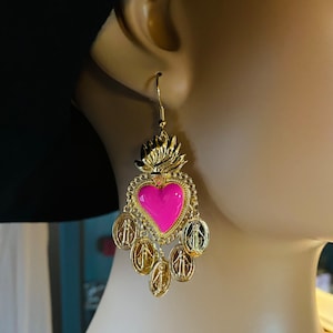 Chandelier earrings Sacred Heart Fuchsia/Shocking Pink and Miraculous Madonnas Mexican Style. Holy Hand enamelled. Handmade in Italy image 3