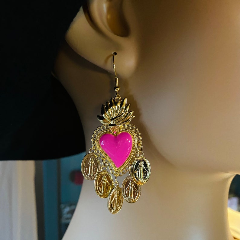 Chandelier earrings Sacred Heart Fuchsia/Shocking Pink and Miraculous Madonnas Mexican Style. Holy Hand enamelled. Handmade in Italy image 3