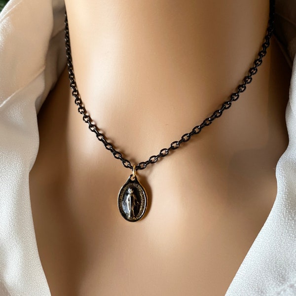 My Black Holy Mary! Chain. Necklace with Miraculous Madonna medal, Black. Hand enamelled! Handmade in Italy!