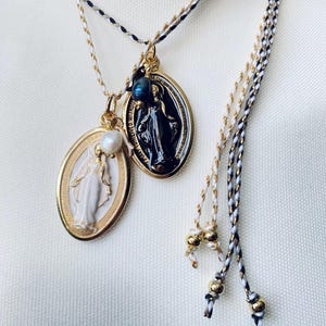 Bestseller.My Big Holy Mary! Black&White!Long necklace with large Madonna medal, hand enameled! Mexican Style.Handmade in Italy!