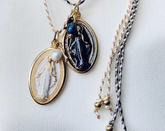 Bestseller.My Big Holy Mary! Black&White!Long necklace with large Madonna medal, hand enameled! Mexican Style.Handmade in Italy!