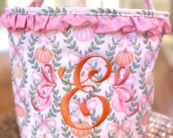 Halloween Treat Bag,  "E" personalization, Pink Ruffle Pumpkin design, Personalized Candy Bucket, Embroidered basket