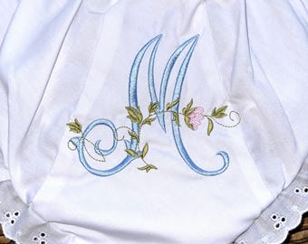 Monogrammed Baby Bloomers with Eyelet Lace Trim | Personalized Diaper Cover