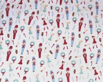 Nutcracker Fabric by the Yard, Christmas Cotton Fabric, Toy Soldiers and Ballerina Dolls, Vintage Holiday Quilting Fabric