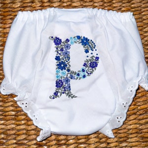 FLOWERS Initial Font Diaper Cover Bloomer bloomers for baby girl Blues, Greens, Lavender or you choose the colors