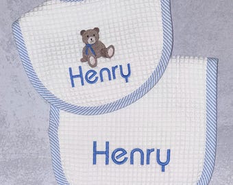Bib and Burp Set with Waffle Fabric and Seersucker Trim