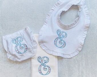 Personalized Baby Shower Gift Set, Floral Embroidered Initial - Diaper Cover, Bib, Burp Cloth