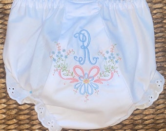 Personalized Diaper Cover,  Floral frame and initial Embroidered Bloomer,  Double Seat Personalized Bloomer