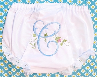 Vintage Floral Monogram Bloomer, Personalized Baby Girl Diaper Cover, Eyelet Double Seat