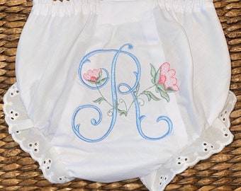 Vintage Floral Monogram Diaper Cover / Flower Initial,  baby girl bloomers monogram