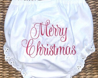 Baby First Christmas Diaper Cover, Embroidered Merry Christmas Eyelet Bloomers, Holiday Baby Gift