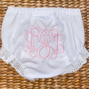 Personalized Embroidered Monogram Diaper Cover: White Eyelet Bloomer, 3-letter monogram, classic Interlocking font
