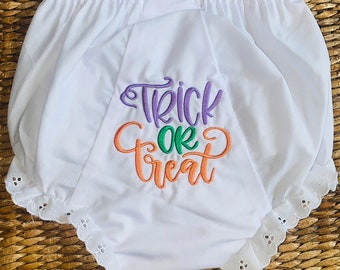 Trick or Treat Embroidered Diaper Cover, Halloween Baby bloomer Purple, Orange, Green