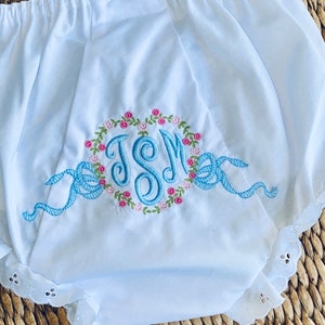 Monogrammed Diaper Cover: Heart Floral Frame, Embroidered Bows