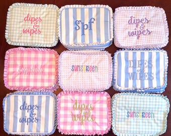 Essentials Pouch, Ruffle Makeup Bag, Wipeable Toiletry Bag , Back to School or Beach tote