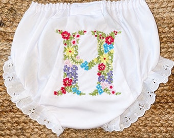 FLOWERS Initial Font Diaper Cover Bloomer bloomers for baby girl