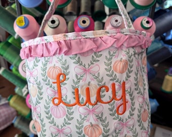 Halloween Treat Bag Embroidered, Pink Ruffle Pumpkin design, Personalized Candy Bucket, Embroidered basket