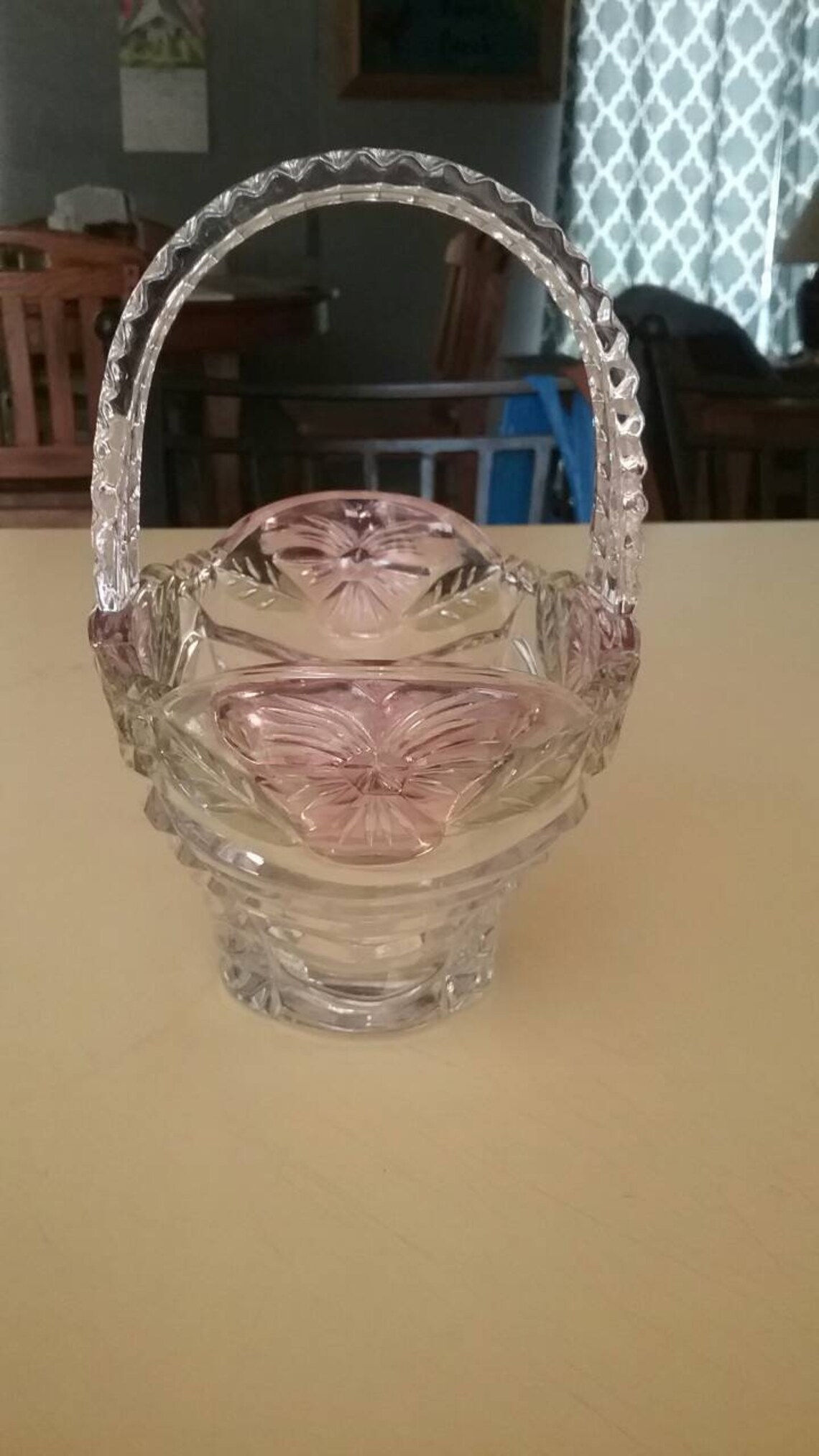 Beautiful Vintage Cut Glass Basket With Pink Flowers With Etsy