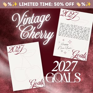 May include: Two white paper sheets featuring the text 2027 and Goals in dark red script. One sheet displays a faint cherry outline, while the other contains handwritten-style text and the phrase Happy New Year. The background is a deep burgundy.