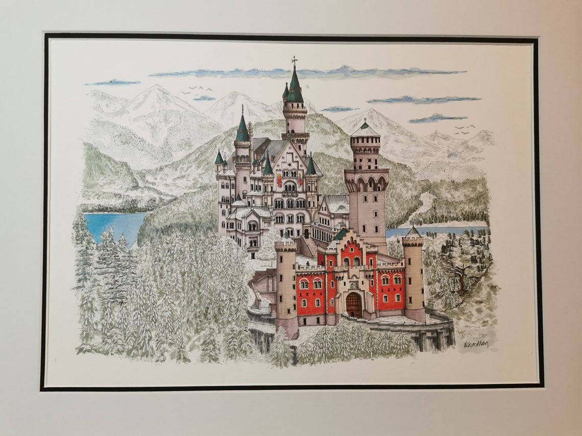 A4 print of hand drawn Architectural Sketch of Neuschwanstein | Etsy